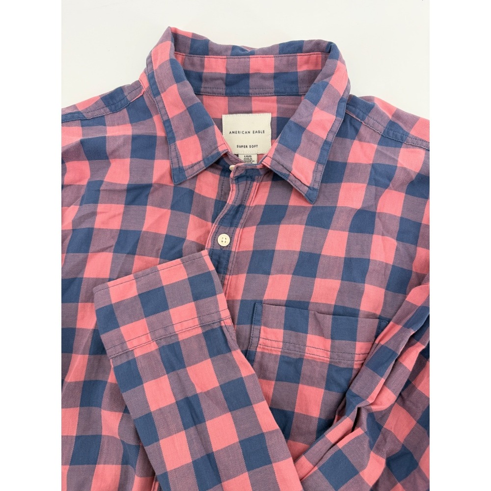 American Eagle Super Soft Pink Navy Buffalo Check Flannel Shirt Mens Large